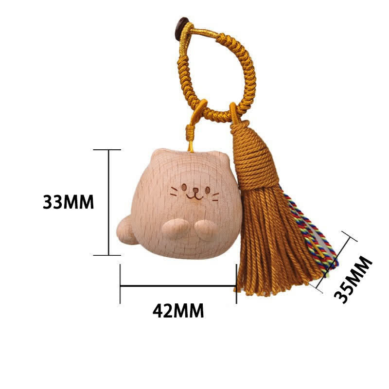 Buddha Stones Hand-Carved Light Wood Lucky Cat Tassel Grounding Keychains - Brown Chubby Cat - image 9