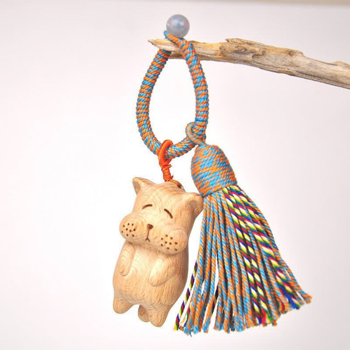 Buddha Stones Hand-Carved Light Wood Lucky Cat Tassel Grounding Keychains - Blue Dog - image 23