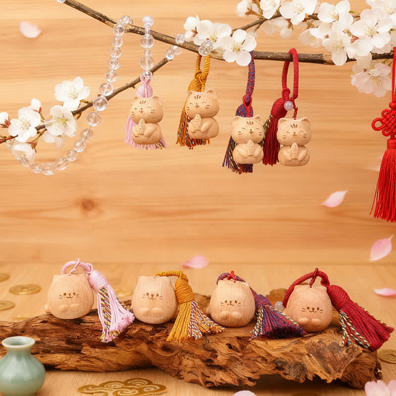 Buddha Stones Hand-Carved Light Wood Lucky Cat Tassel Grounding Keychains - image 42