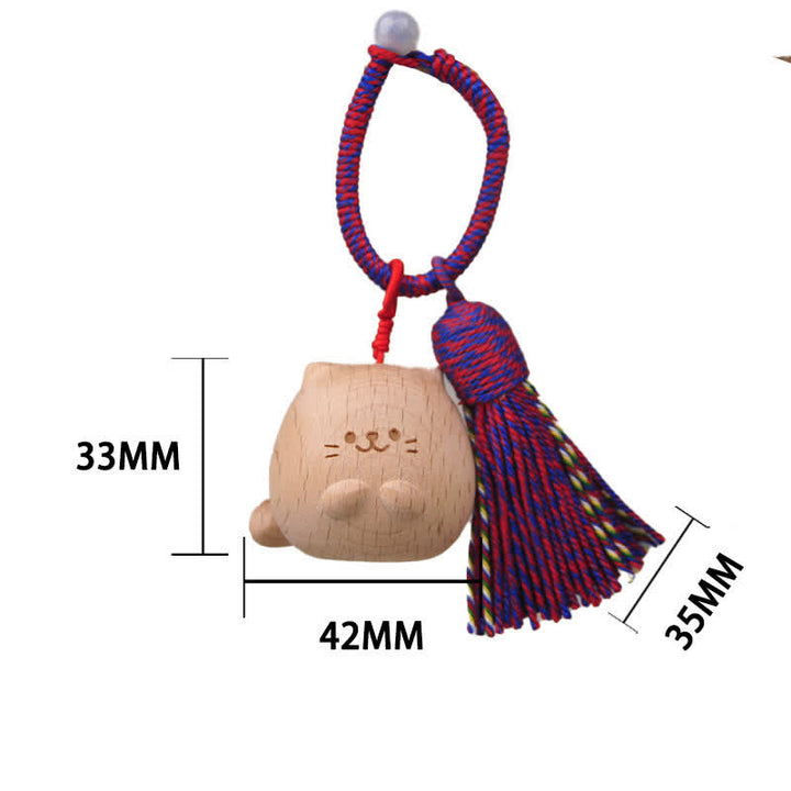 Buddha Stones Hand-Carved Light Wood Lucky Cat Tassel Grounding Keychains - Magenta Chubby Cat - image 3