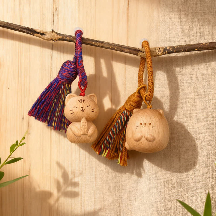 Buddha Stones Hand-Carved Light Wood Lucky Cat Tassel Grounding Keychains - image 0