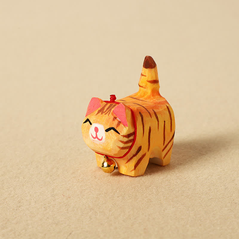 Buddha Stones Hand Carved Natural Wood Peace Cat Keychain Cute Animal Decor - Pink Orange - image 3