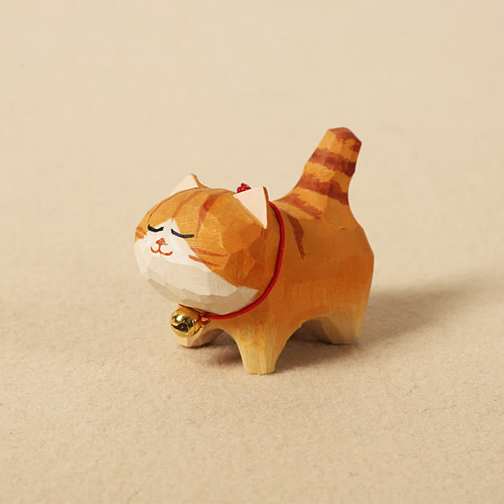 Buddha Stones Hand Carved Natural Wood Peace Cat Keychain Cute Animal Decor - Orange - image 1