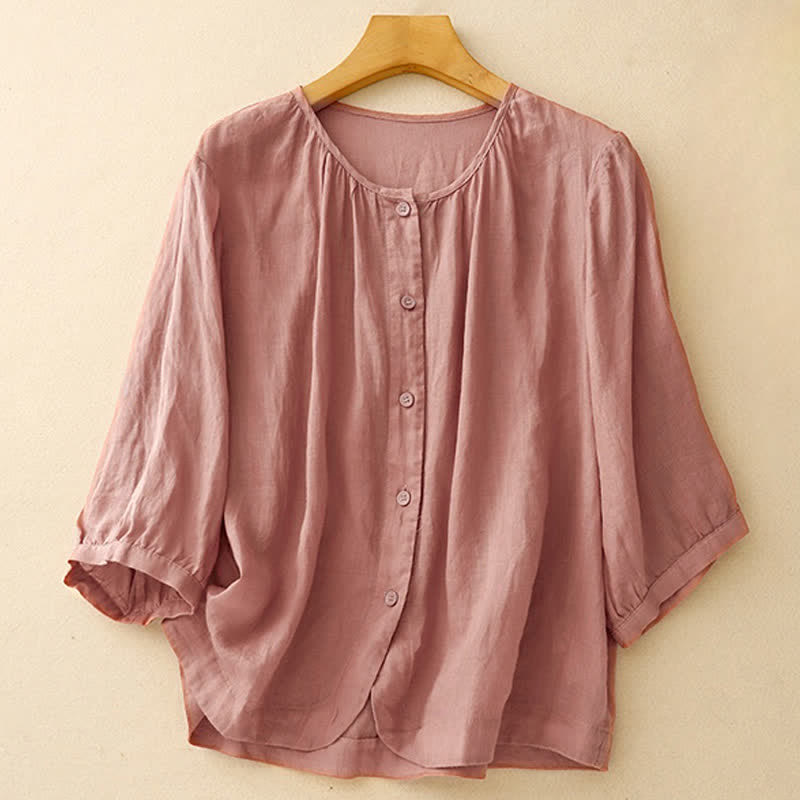 Buddha Stones Plain Button Crew Neck Design Women's Blend Three Quarter Sleeve Shirt - PaleVioletRed - US12，UK/AU16，EU44 (2XL) - image 6