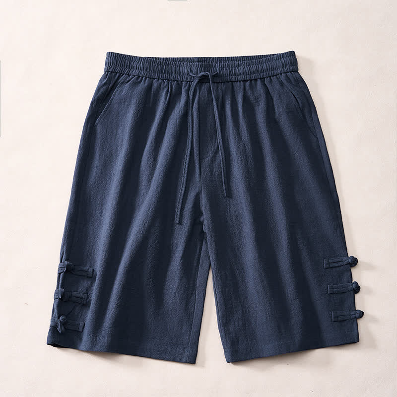 Buddha Stones Summer Casual Minimalist Drawstring Solid Decorative Side Frog Button Men's Shorts With Pockets - Navy - US/UK/AU46, EU56 (5XL) - image 8