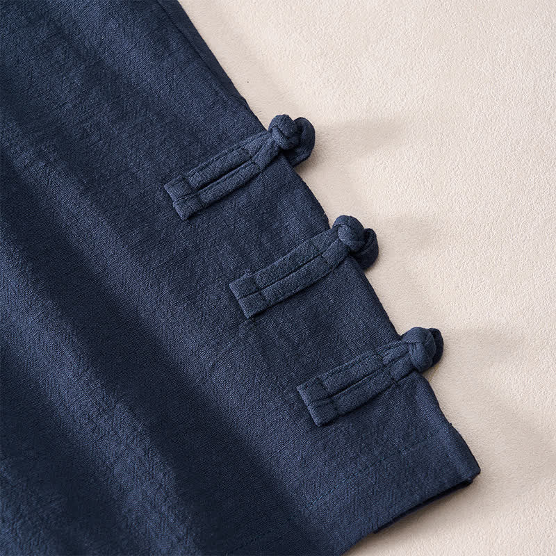 Buddha Stones Summer Casual Minimalist Drawstring Solid Decorative Side Frog Button Men's Shorts With Pockets - image 13