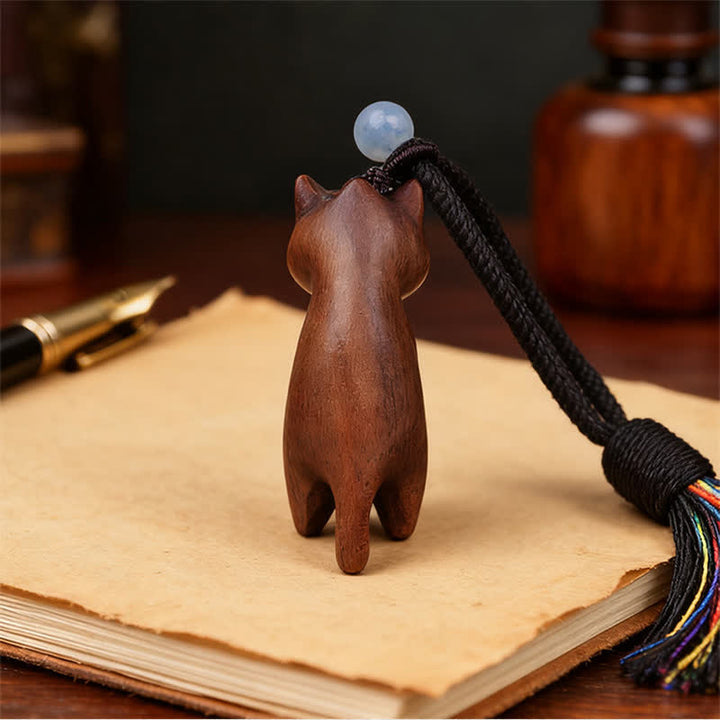 Buddha Stones Hand-Carved Peach Wood Cat Tassel Wealth Keychains - image 4