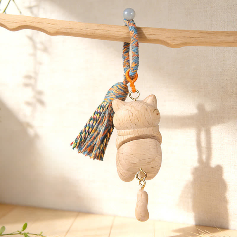 Buddha Stones Carved Natural Wood Cat Tassel Simplicity Keychains - image 1