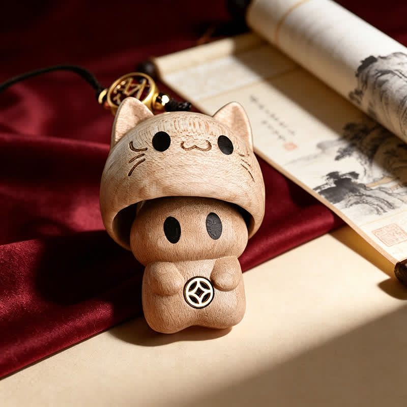 Buddha Stones Carved Natural Peach Wood Cute Cat Balance Keychains - Wood - image 0