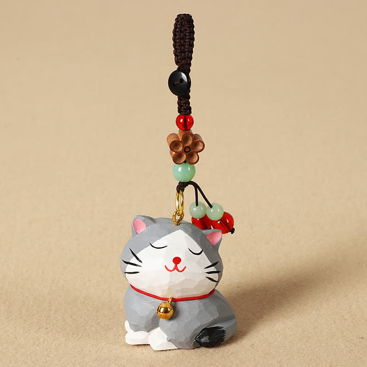 Buddha Stones Carved Wood Cat Om Mani Padme Hum Focus Keychains - Gray Cat - image 12