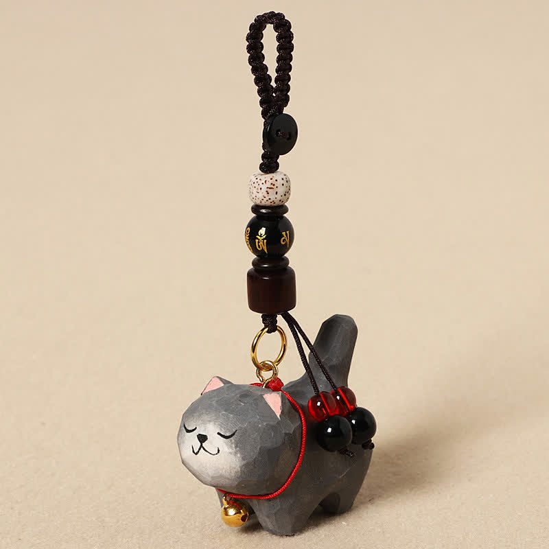 Buddha Stones Carved Wood Cat Om Mani Padme Hum Peace Keychains - Om Mani Padme Hum Dark Gray Cat - image 13