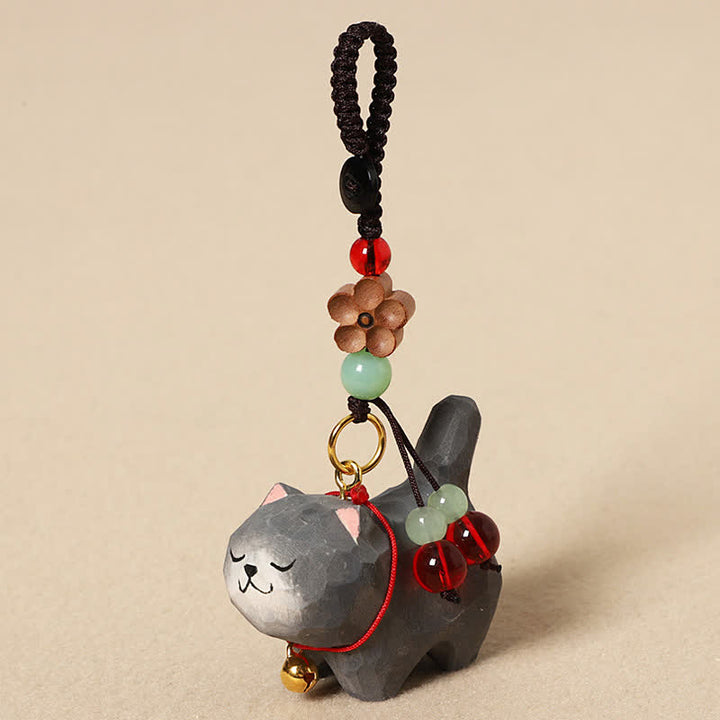 Buddha Stones Carved Wood Cat Om Mani Padme Hum Peace Keychains - Dark Gray Cat - image 11