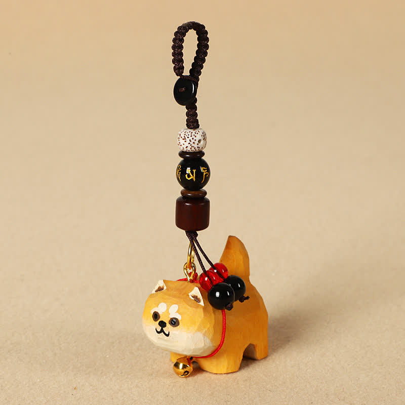 Buddha Stones Carved Wood Dog Om Mani Padme Hum Peace Keychains - Om Mani Padme Hum Shiba Inu - image 0