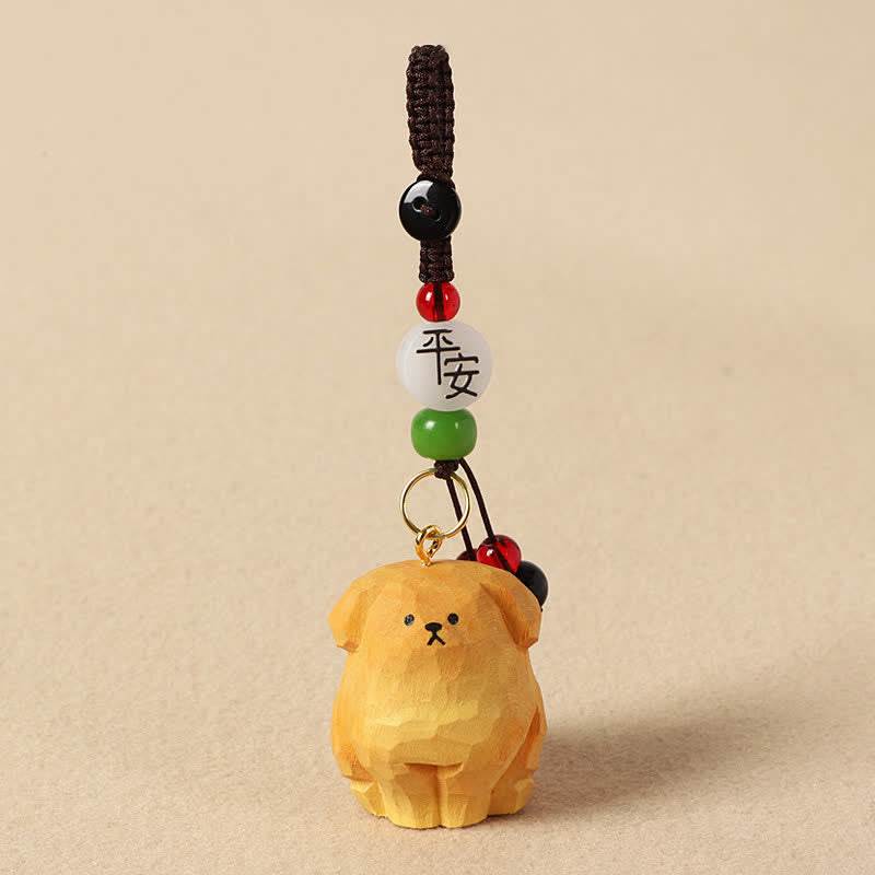 Buddha Stones Carved Wood Dog Om Mani Padme Hum Creativity Keychains - Safe Yellow Dog - image 2