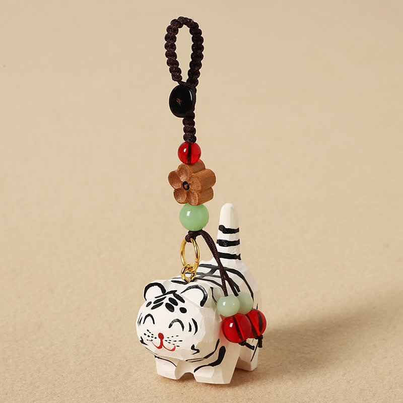 Buddha Stones Carved Wood Tiger Om Mani Padme Hum Focus Keychains - White Tiger - image 4