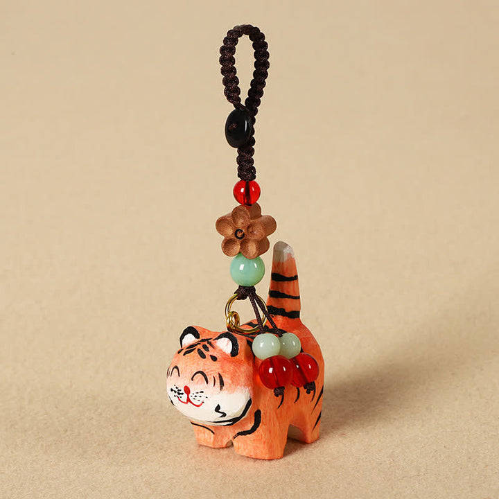 Buddha Stones Carved Wood Tiger Om Mani Padme Hum Focus Keychains - Tiger - image 0
