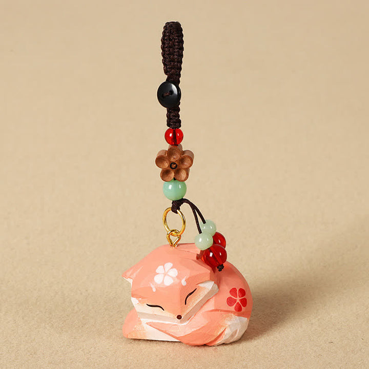 Buddha Stones Carved Wood Fox Om Mani Padme Hum Wisdom Keychains - image 1