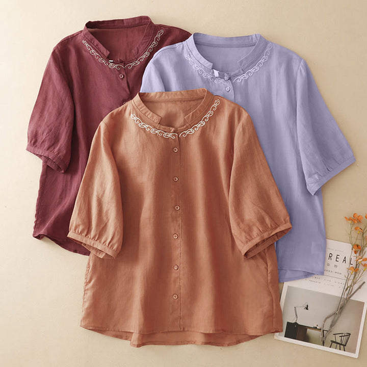 Buddha Stones Summer Casual Elegant Tang Style Vine Embroidery Crew Neck Button-Up Solid Women's Short Sleeve Shirts - image 25