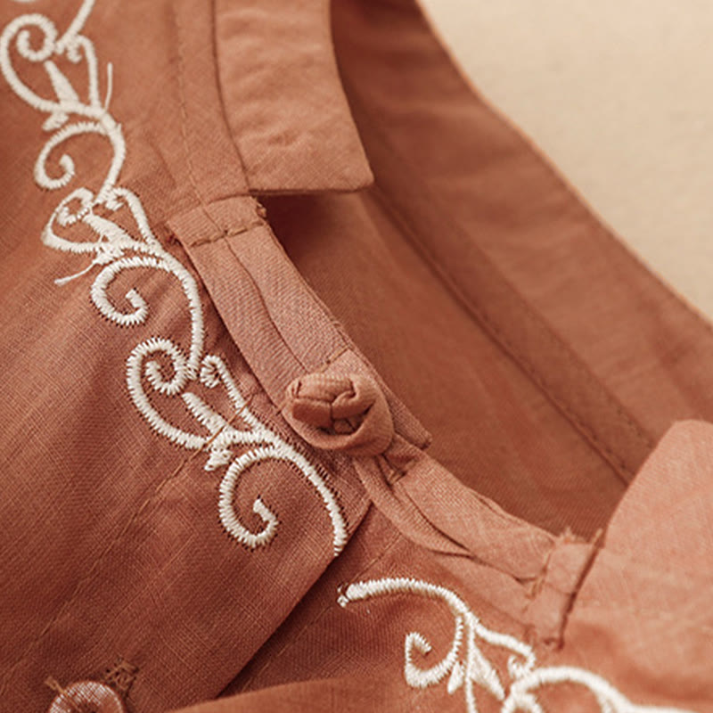 Buddha Stones Summer Casual Elegant Tang Style Vine Embroidery Crew Neck Button-Up Solid Women's Short Sleeve Shirts - image 11
