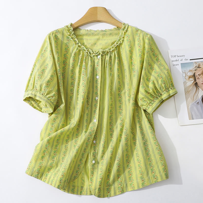 Buddha Stones Summer Casual Elegant Button-Up Floral Striped Crew Neck Women's Short Sleeve Shirts - YellowGreen - US12, UK/AU16, EU44 (2XL) - image 0