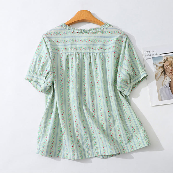 Buddha Stones Summer Casual Elegant Button-Up Floral Striped Crew Neck Women's Short Sleeve Shirts - image 11