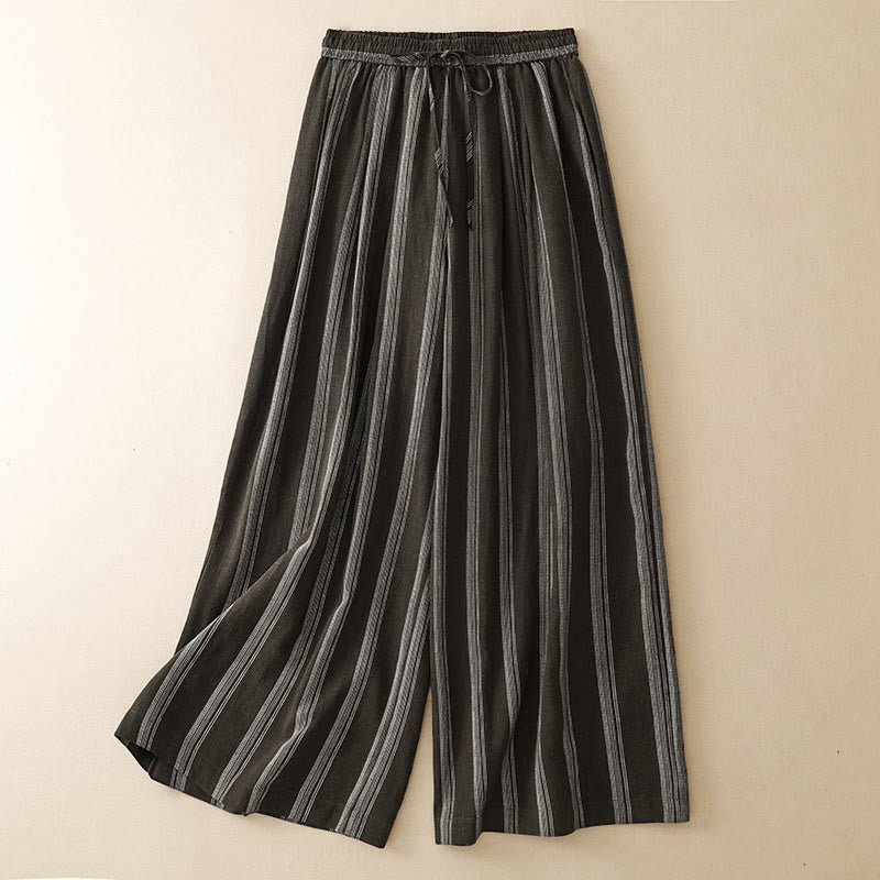 Buddha Stones Summer Casual Minimalist Drawstring Striped Long Pants Women's Wide Leg Pants With Pocket - SaddleBrown - US8-10, UK/AU12-14, EU40-42 (2XL) - image 0