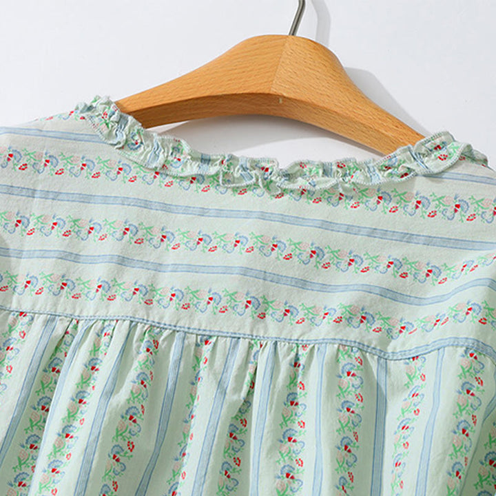 Buddha Stones Summer Casual Elegant Button-Up Floral Striped Crew Neck Women's Short Sleeve Shirts - image 13