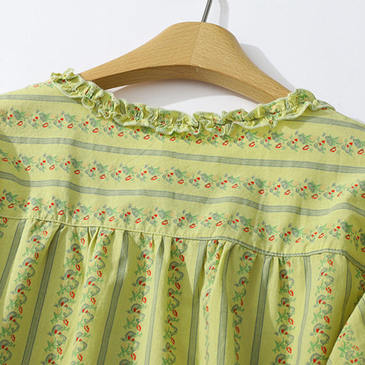 Buddha Stones Summer Casual Elegant Button-Up Floral Striped Crew Neck Women's Short Sleeve Shirts - image 3