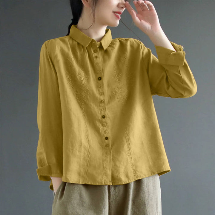 Buddha Stones Spring Embroidery Long Sleeve Colorful Button Label  Women's Shirt - DarkGoldenrod - US8-10，UK/AU12-14，EU40-42 (2XL) - image 0