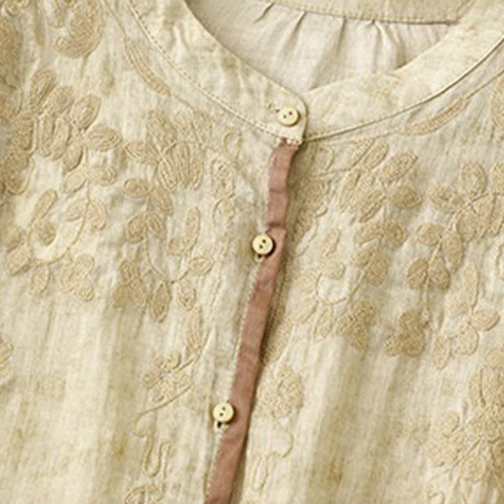 Buddha Stones Summer Casual Embroidered Stand Collar Design Three Quarter Sleeve Midi Dress - image 14