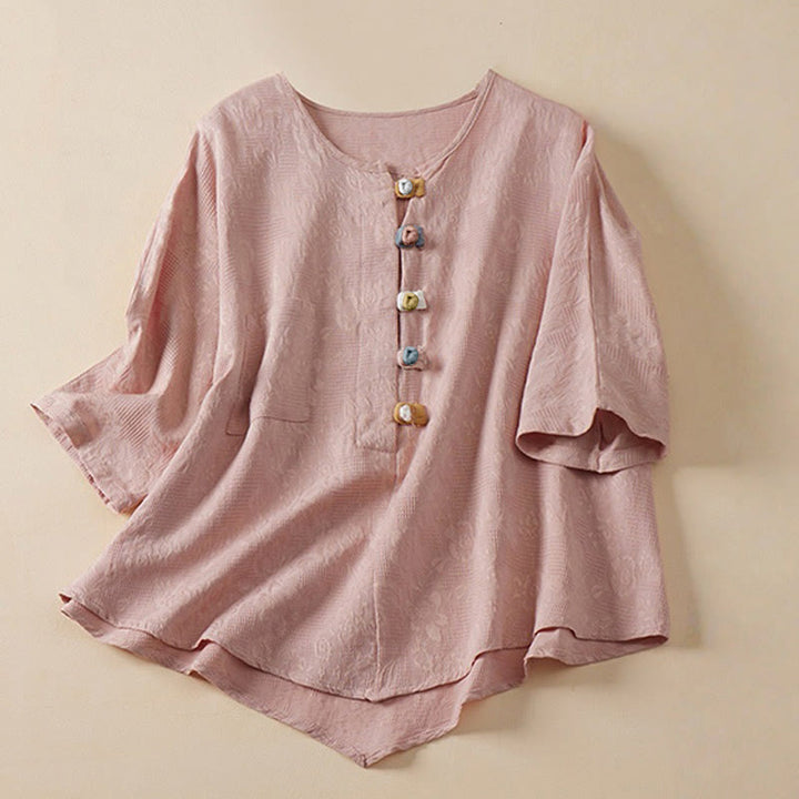 Buddha Stones Casual Flower Colorful Frog Button Half Sleeve Women's Shirt - Pink - US8-10，UK/AU12-14，EU40-42 (2XL) - image 3