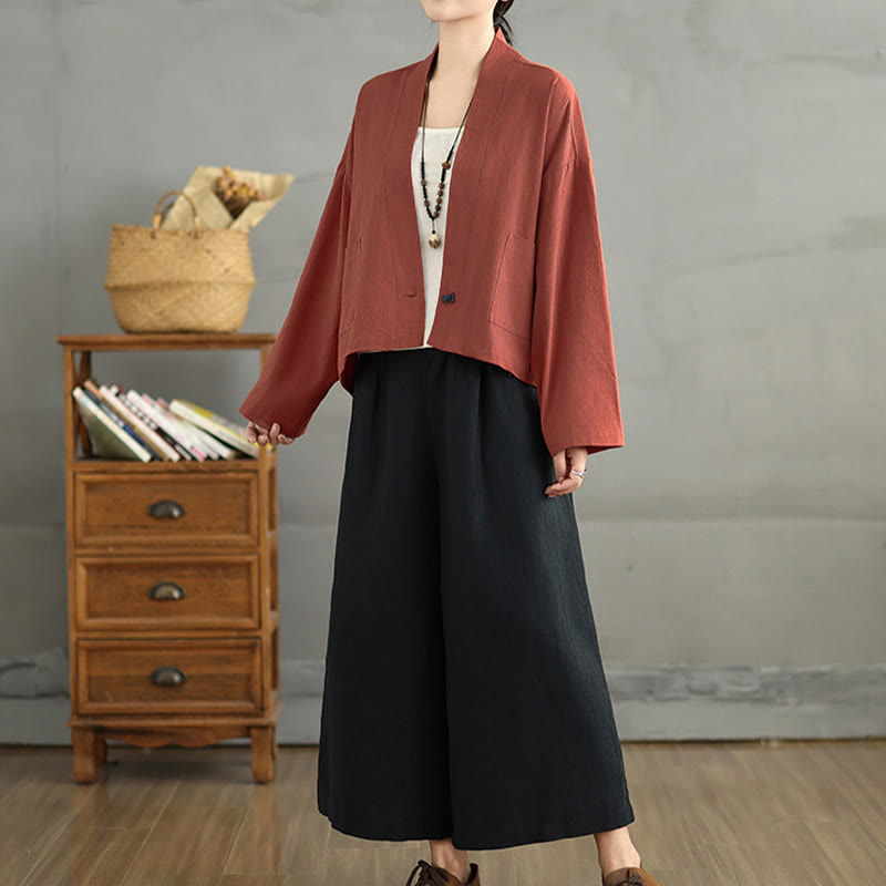 Buddha Stones Casual Vintage Plain Long Sleeve Open Front Cropped Jacket With Pockets - image 13