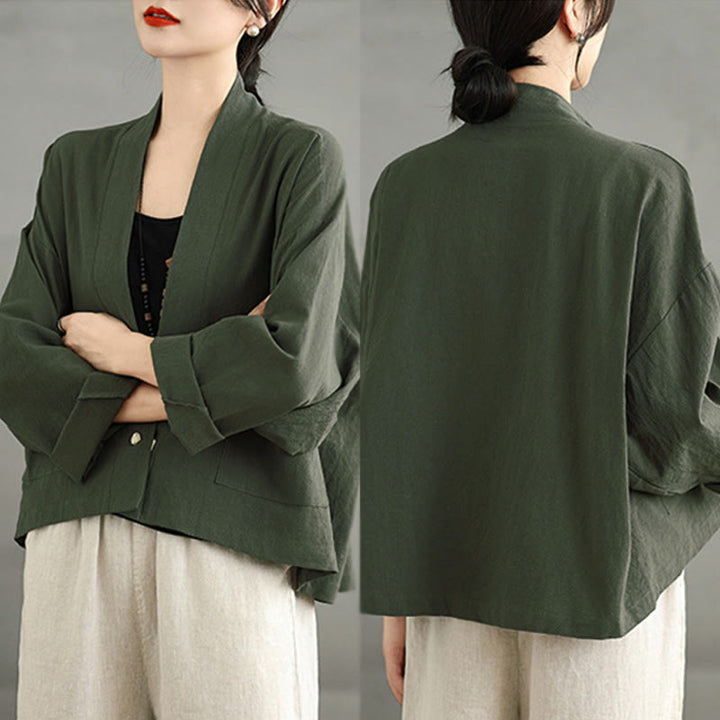 Buddha Stones Casual Vintage Plain Long Sleeve Open Front Cropped Jacket With Pockets - image 18