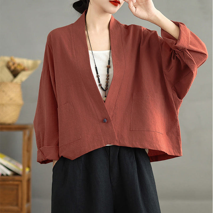 Buddha Stones Casual Vintage Plain Long Sleeve Open Front Cropped Jacket With Pockets - image 10