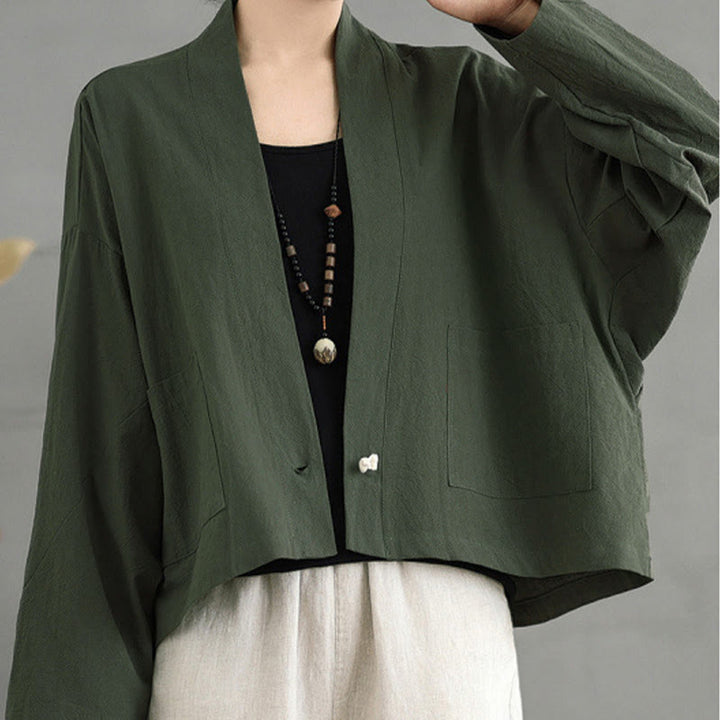 Buddha Stones Casual Vintage Plain Long Sleeve Open Front Cropped Jacket With Pockets - DarkOliveGreen - US12，UK/AU16，EU44 (2XL) - image 14