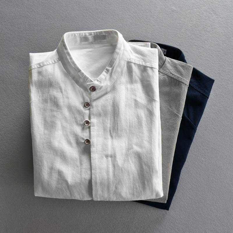Buddha Stones Slim Fit Design Stand Collar Crew Neck Cotton Linen Men's Long Sleeve Shirt - image 14