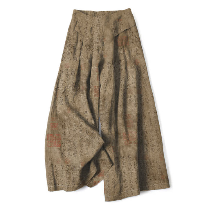 Buddha Stones Cotton Linen Vintage Script Pattern Women's Elastic Waist Wide Leg Pants With Pockets - DarkGoldenrod - US16，UK/AU20，EU48 (3XL) - image 4