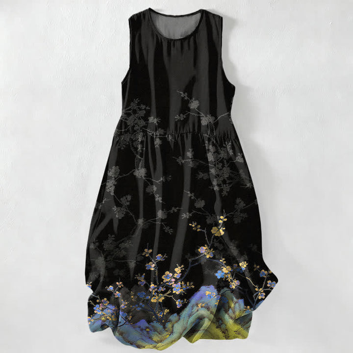 Buddha Stones Summer Casual Vintage Floral Branches Pattern Women's Summer Sleeveless Midi Dress With Pockets - Black - US16，UK/AU20，EU48 (3XL) - image 0