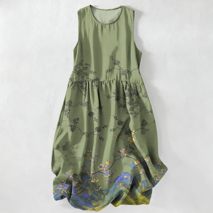 Buddha Stones Summer Casual Vintage Floral Branches Pattern Women's Summer Sleeveless Midi Dress With Pockets - OliveDrab - US16，UK/AU20，EU48 (3XL) - image 4