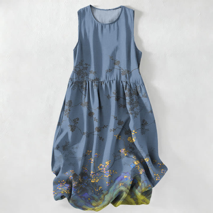 Buddha Stones Summer Casual Vintage Floral Branches Pattern Women's Summer Sleeveless Midi Dress With Pockets - SlateGray - US16，UK/AU20，EU48 (3XL) - image 5