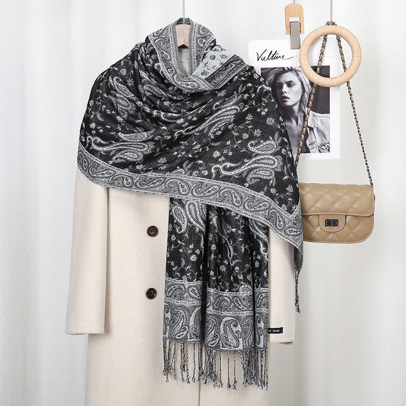 Buddha Stones Tibetan Cashew Flower Vine Print Tassels Shawl Fall Winter Soft Scarf Wrap - Black Gray - image 11