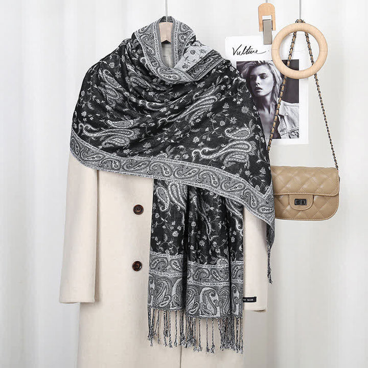 Buddha Stones Tibetan Cashew Flower Vine Print Tassels Shawl Fall Winter Soft Scarf Wrap - Black Gray - image 11