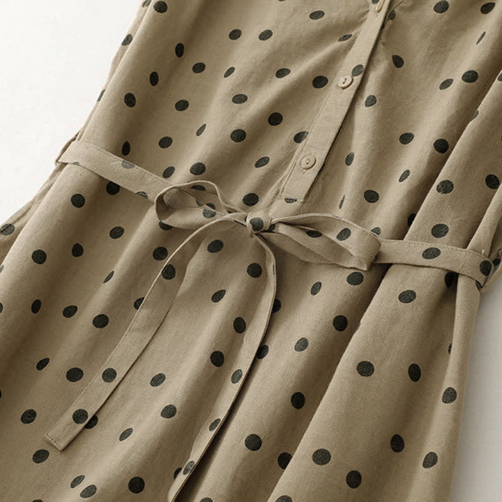 Buddha Stones Summer Polka Dot V-Neck Lace-up Women's Knee Length Dress With Pockets - image 5