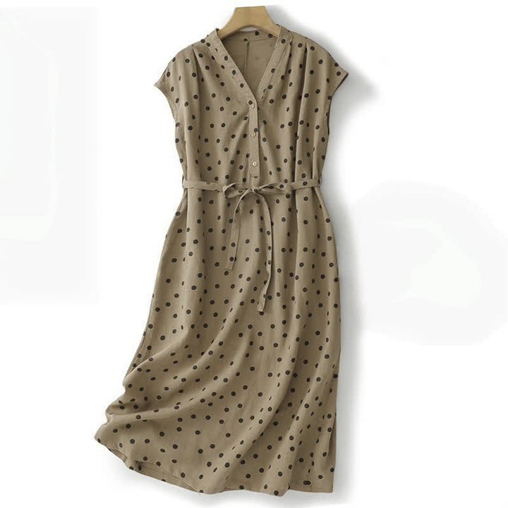 Buddha Stones Summer Polka Dot V-Neck Lace-up Women's Knee Length Dress With Pockets - Tan - US14，UK/AU18，EU46 (2XL) - image 0