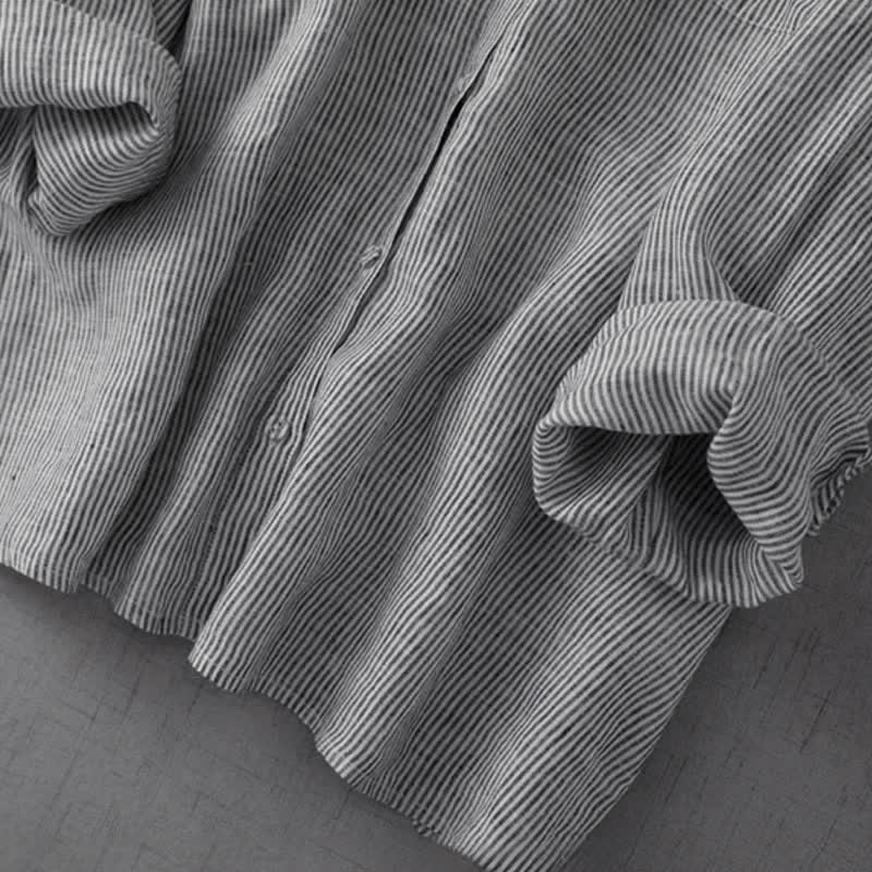 Buddha Stones Summer Casual Tang Style Button-Up Striped Women's Long Sleeve Shirts With Pocket - image 6