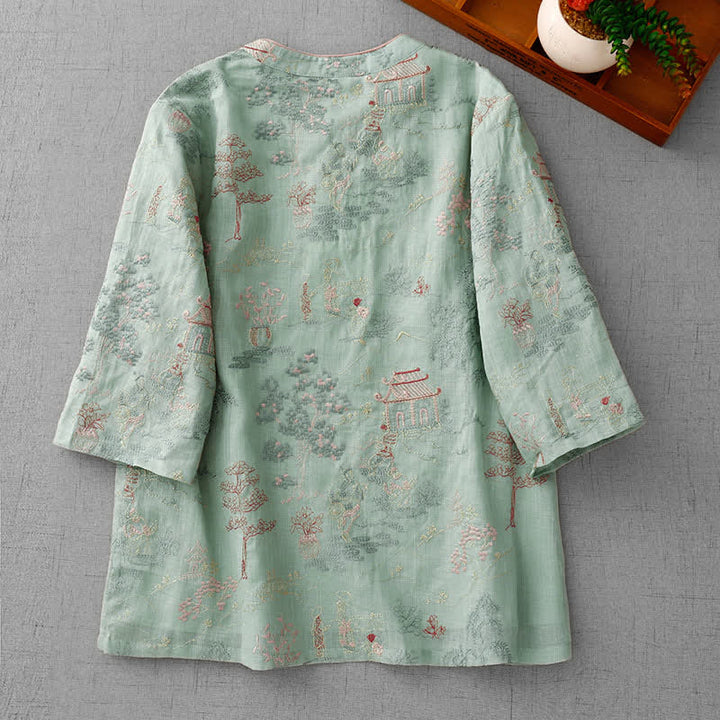 Buddha Stones Summer Tang Style Vintage Mandarin Collar Embroidery Abstract Women's Short Sleeve Shirts - image 1