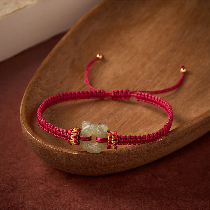 Buddha Stones Jade Tiger Head Design Peace Buckle Grounding Red String Braided Bracelet - image 2