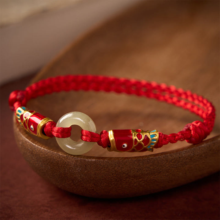 Buddha Stones Hetian Jade Peace Buckle Double Koi Fish Red String Prosperity Bracelet - image 2