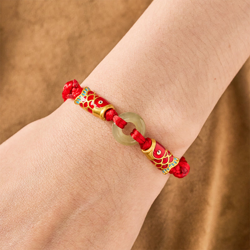 Buddha Stones Hetian Jade Peace Buckle Double Koi Fish Red String Prosperity Bracelet - image 4