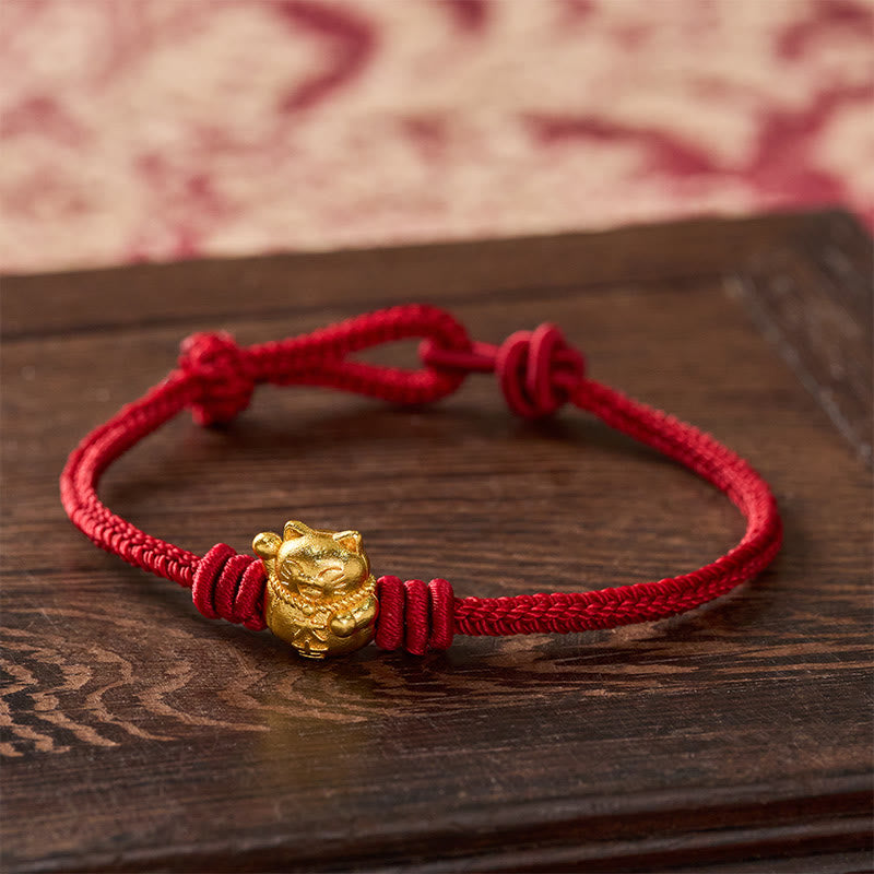 Buddha Stones Hand-Woven Red String Copper Lucky Cat Blessing Adjustable Bracelet - Darkred - 6.7–7.5 in / 17–19 cm - image 0